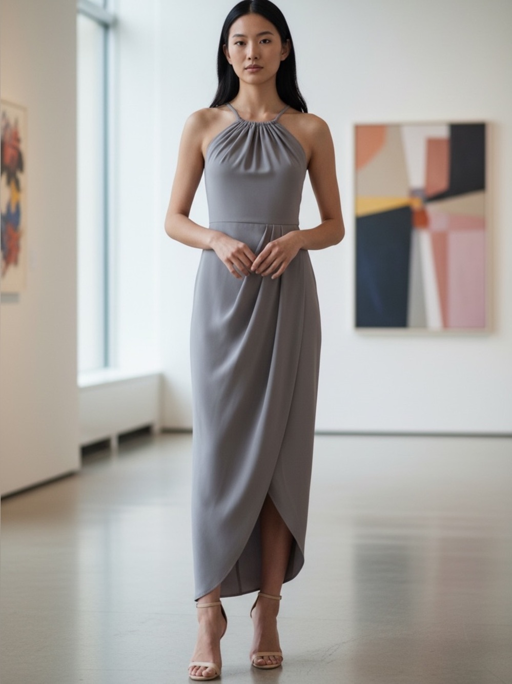 Shona Joy Core Ruched Halter Maxi Dress Stone Gray Size 8